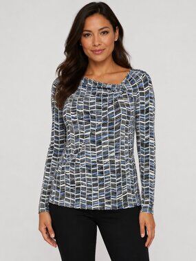 NWT Liz Claiborne 1X Geometric Chevron Print Long Sleeve Blouse Blue Black White